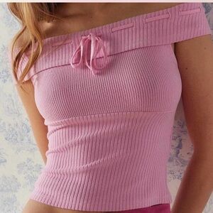 Kimchi Blue off the shoulder pink knit bow tie Ribbed Soft Girl Top M